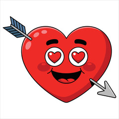Red heart cartoon emoji face with loving expression hearts eyes and arrow isolated on white background. Vector illustration ideal for romance and love designs.