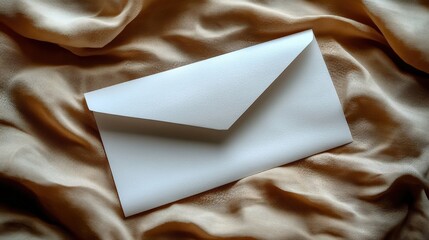 White Paper Envelope Laying On Golden Silk Fabric with Light and Shadow