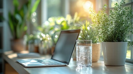 Laptop and Glass of Water on Desk with Potted Green Plants near Window