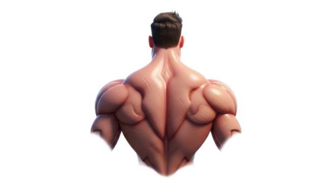 Detailed illustration of a muscular male back, highlighting anatomical details.
