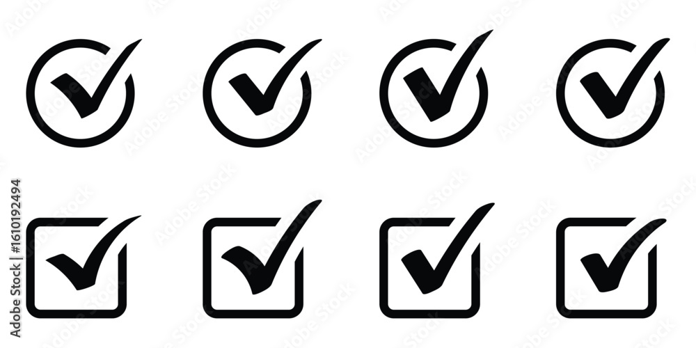 Poster checkmark icon set vector on white background. black check mark in a circle and square, signifying a