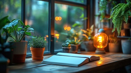 Interior View With Window Plants Notebook And Lamp On Wooden Desk For A Cozy Atmosphere