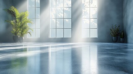 Empty Interior Scene Features Reflective Floor Plants and Sunlight Through Windows