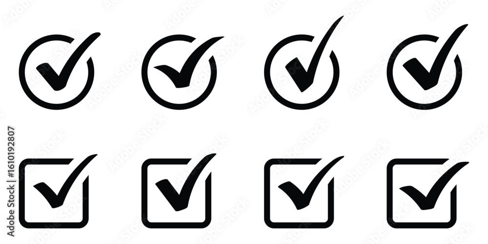 Poster checkmark icon set vector on white background. black check mark in a circle and square, signifying a