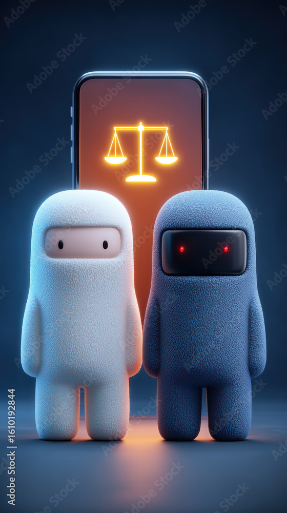 Poster two cute robots stand in front of smartphone displaying glowing justice scale, symbolizing balance
