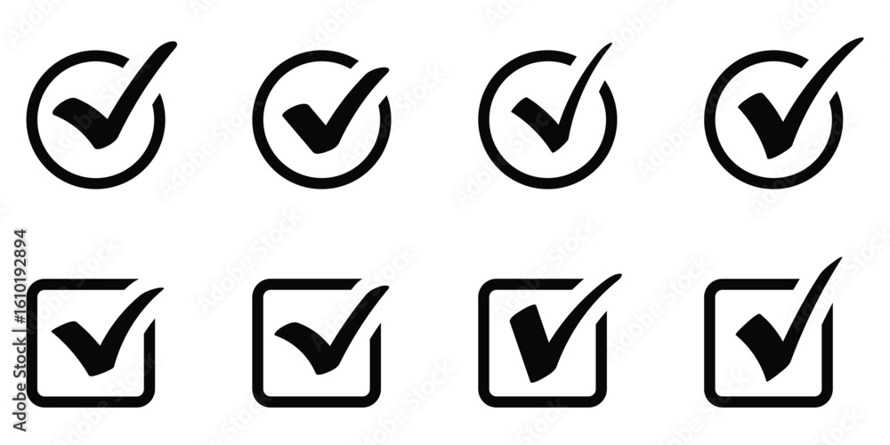 Poster checkmark icon set vector on white background. black check mark in a circle and square, signifying a