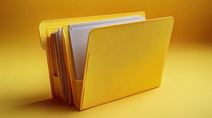 Open Golden Folder with White Papers on Yellow Background
