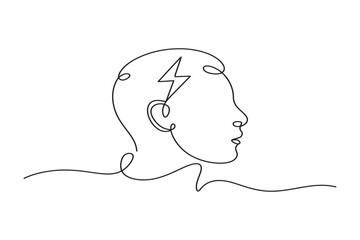 Electric brain head profile abstract concept, one line mental health vector sketch