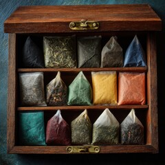 A variety of tea bags displayed in a rustic wooden box.