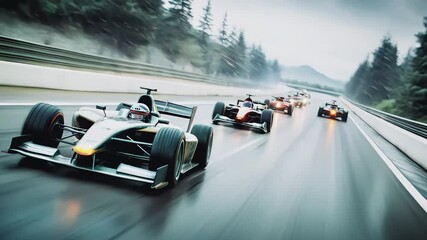 Showcasing a line of advanced racing vehicles in full throttle on a misty, winding track. - Powered by Adobe