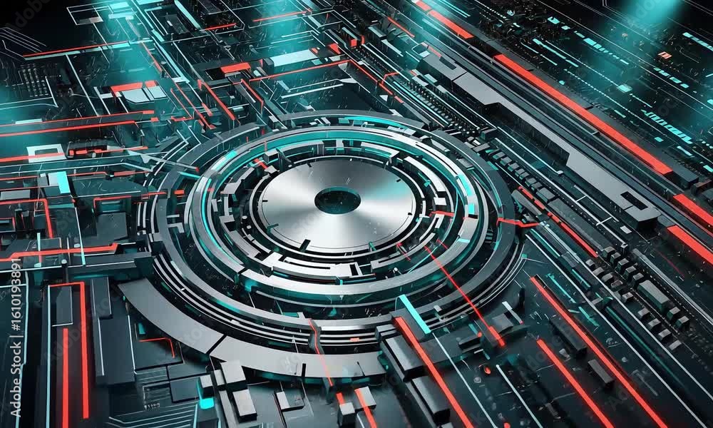 Poster a detailed render of a futuristic circular metal structure with glowing lines and complex circuitry