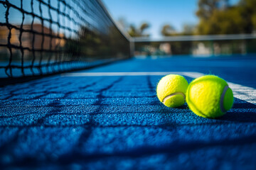 Close-up view of vibrant yellow tennis balls resting on a blue court, with a net in the background under clear skies