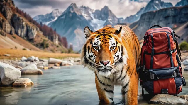 This captivating footage presents a majestic tiger in shallow water, looking directly at the camera, beside a vibrant orange trekking bag, evoking a sense of wonder, mystery, and the call of the wild.