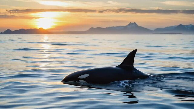 Witness the breathtaking sight of a killer whale surfacing in a pristine ocean, illuminated by the golden light of dusk or dawn, creating a powerful and awe-inspiring natural spectacle.