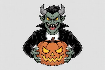 Green skinned demon with horns grinning widely while holding a carved halloween pumpkin
