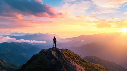 A person standing atop a mountain at dawn with wide views stretching into the horizon, symbolizing expanding ken or knowledge