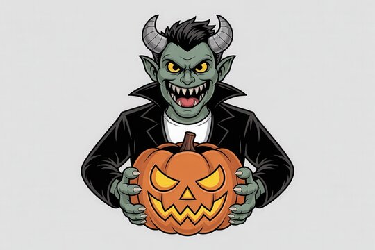 Green skinned demon with horns grinning widely while holding a carved halloween pumpkin - Powered by Adobe