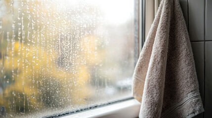 A towel hanging near a misty bathroom window capturing the subtle presence of lingering dampness