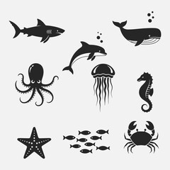 A collection of black and white Marine life and sea creatures icons