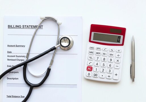A calculator, stethoscope, pen, and medical billing statement on a white background. Perfect for healthcare costs, medical expenses, and financial planning themes.