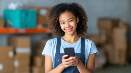 Entrepreneur smiling with shipping app open