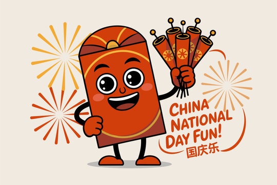 China National Day fun poster with cartoon firecracker, greeting card, vector design illustration, festive celebration