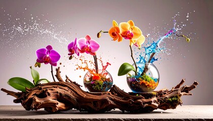 A botanical still life with exotic orchids, twisted driftwood, and misted glass terra 