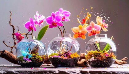 A botanical still life with exotic orchids, twisted driftwood, and misted glass terra 
