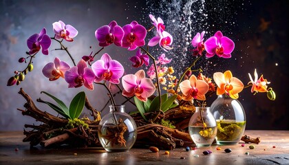 A botanical still life with exotic orchids, twisted driftwood, and misted glass terra 