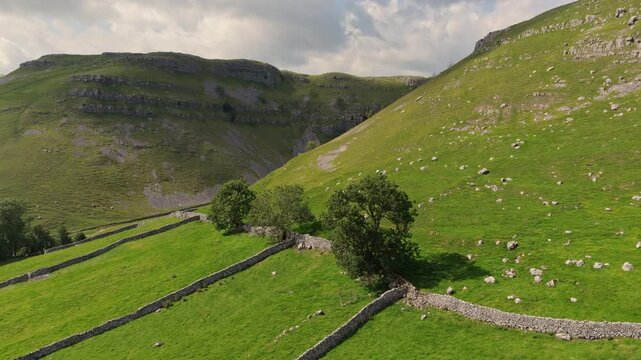 Aerial Drone View of Gordale Scar and Yorkshire Limestone Landscape Near Malham Cove