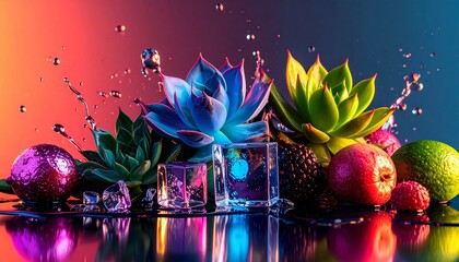 A contemporary still life with neon-lit succulents, metallic fruit, and transparent c 