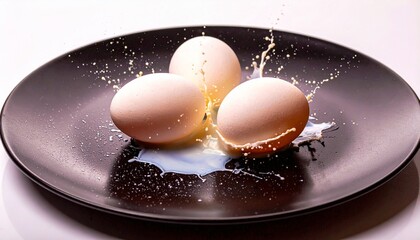 A minimalist still life of three smooth white eggs on a matte black plate, surrounded 