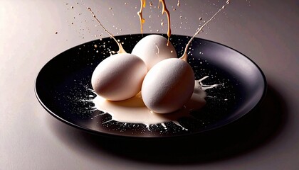 A minimalist still life of three smooth white eggs on a matte black plate, surrounded 
