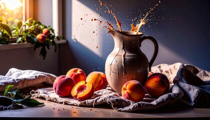 A rustic still life with overripe peaches, a cracked ceramic jug, and faded linen clo
