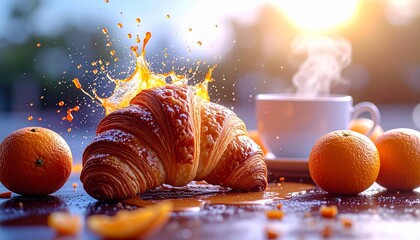 A sun-drenched breakfast scene with a half-eaten croissant, fresh oranges, and a stea