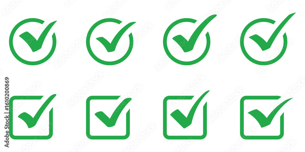 Poster green check mark icon set in circle and square. tick icon button set. yes or done symbol, approved o