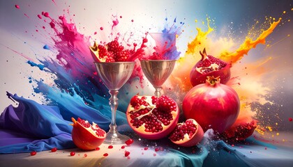 Classic baroque composition with silver goblets, pomegranates split open, and a velve 