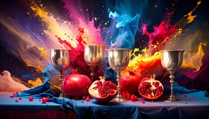 Classic baroque composition with silver goblets, pomegranates split open, and a velve 