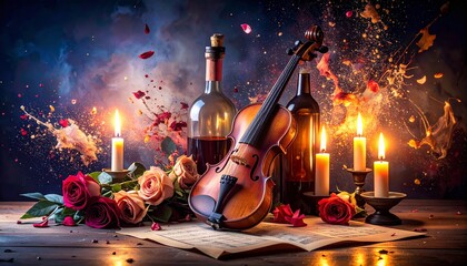 An old-world still life with a violin, aged wine bottle, roses in decay, and handwrit 