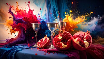 Classic baroque composition with silver goblets, pomegranates split open, and a velve 