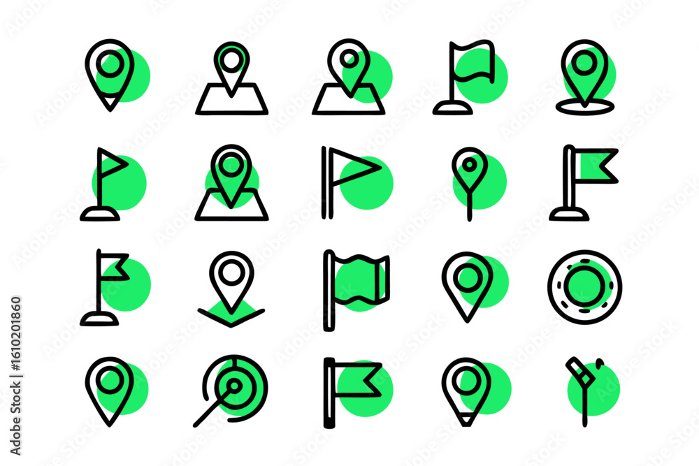 Poster collection of stylized map location markers and navigation symbols presented with clean line art and