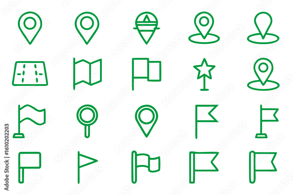 Aufkleber collection of stylized line art symbols representing navigation points and geographical markers pres
