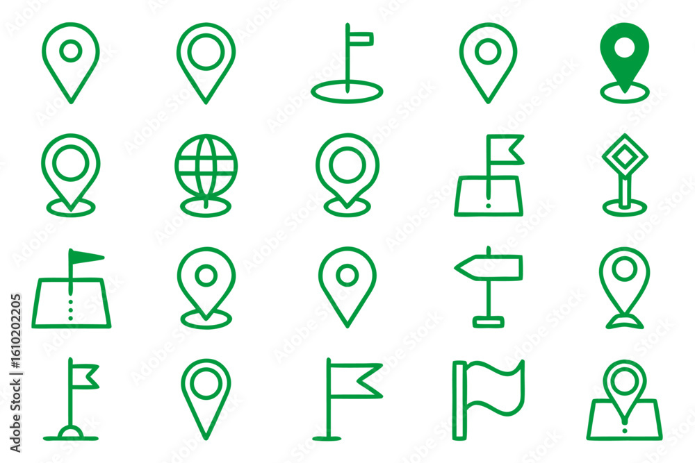 Poster collection of stylized line art symbols representing geographical points of interest and navigation 