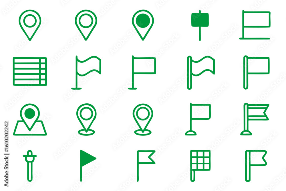 Poster comprehensive collection of clean modern line art symbols representing geographical points navigatio