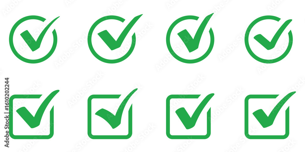 Poster green check mark icon set in circle and square. tick icon button set. yes or done symbol, approved o