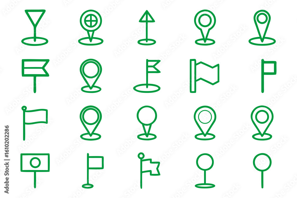 Aufkleber collection of stylized line art symbols representing geographical points of interest and navigation 