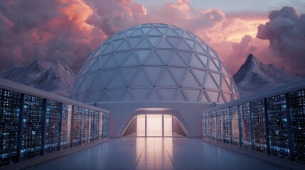 Obraz premium Futuristic dome structure over mountain range