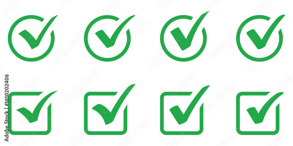 Poster green check mark icon set in circle and square. tick icon button set. yes or done symbol, approved o