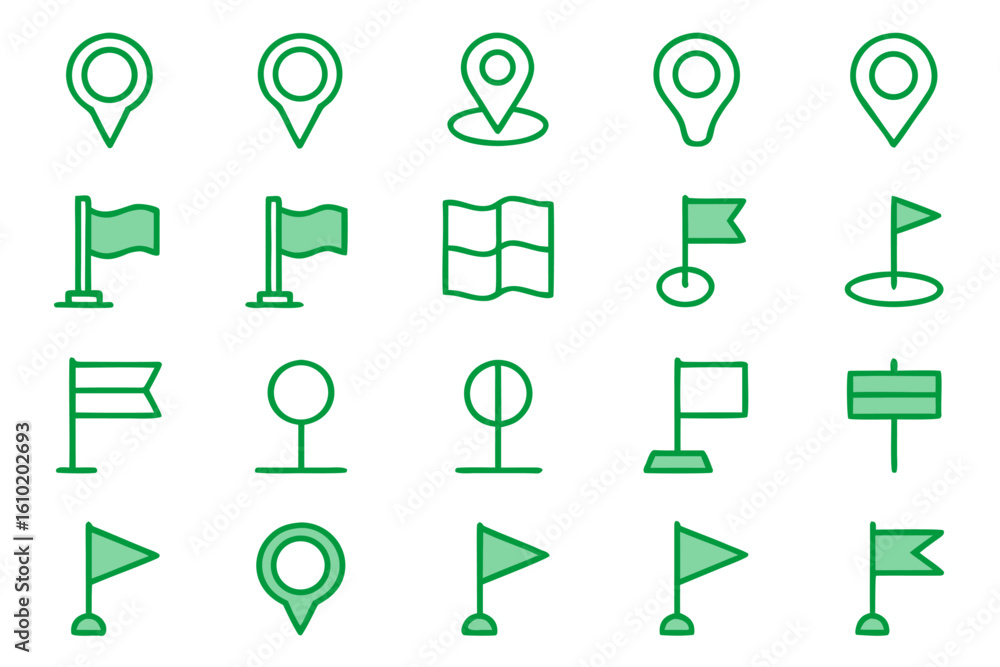 Poster collection of outline map pointers and location symbols featuring essential navigation and geographi