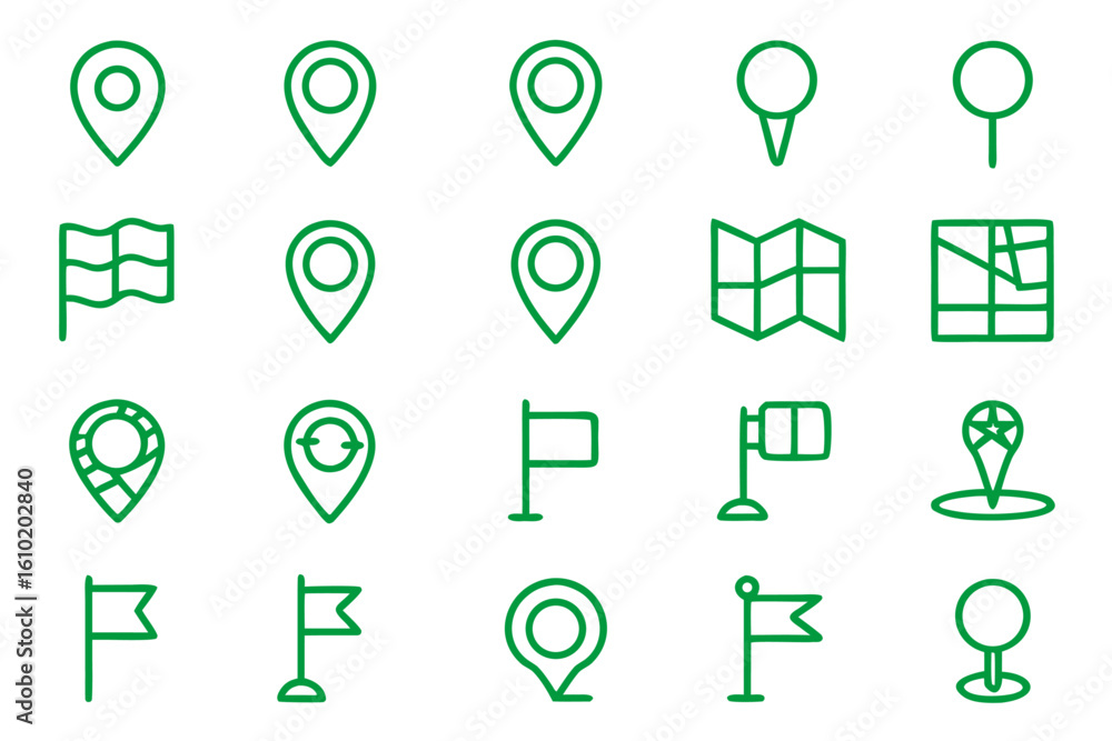 Poster collection of outline map pointers and location markers for navigation and travel applications prese